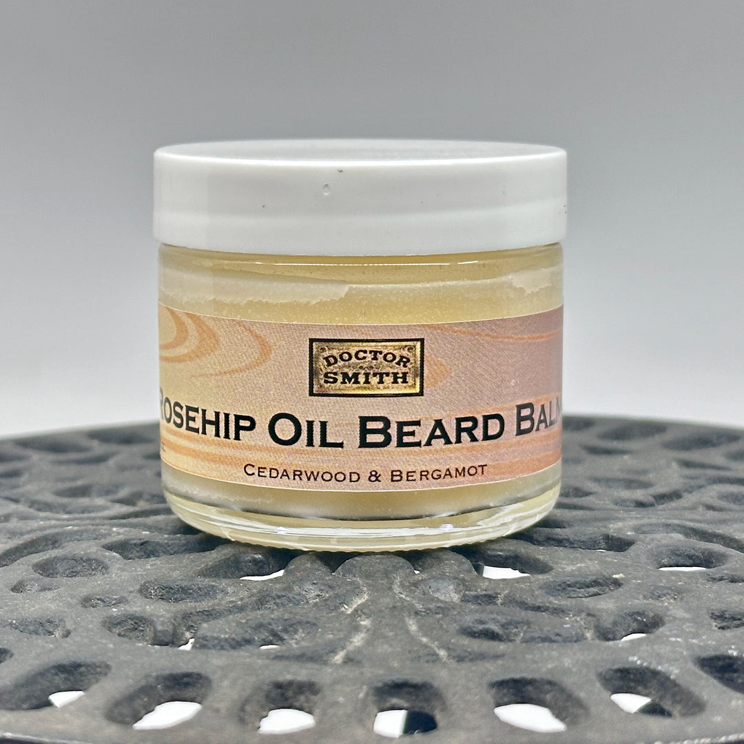 2 oz. jar of Rosehip Oil Beard Balm, handcrafted in Montana by Dr. Smith Botanicals, cedar wood & bergamot, front