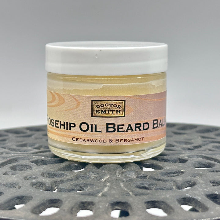 2 oz. jar of Rosehip Oil Beard Balm, handcrafted in Montana by Dr. Smith Botanicals, cedar wood & bergamot, front