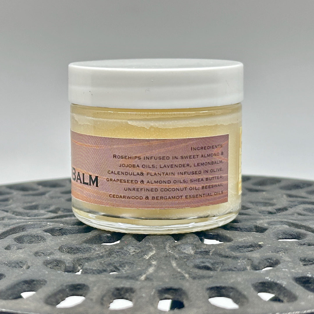 2 oz. jar of Rosehip Oil Beard Balm, handcrafted in Montana by Dr. Smith Botanicals, cedar wood & bergamot, ingredients