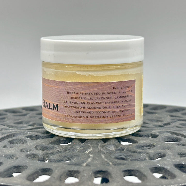 2 oz. jar of Rosehip Oil Beard Balm, handcrafted in Montana by Dr. Smith Botanicals, cedar wood & bergamot, ingredients