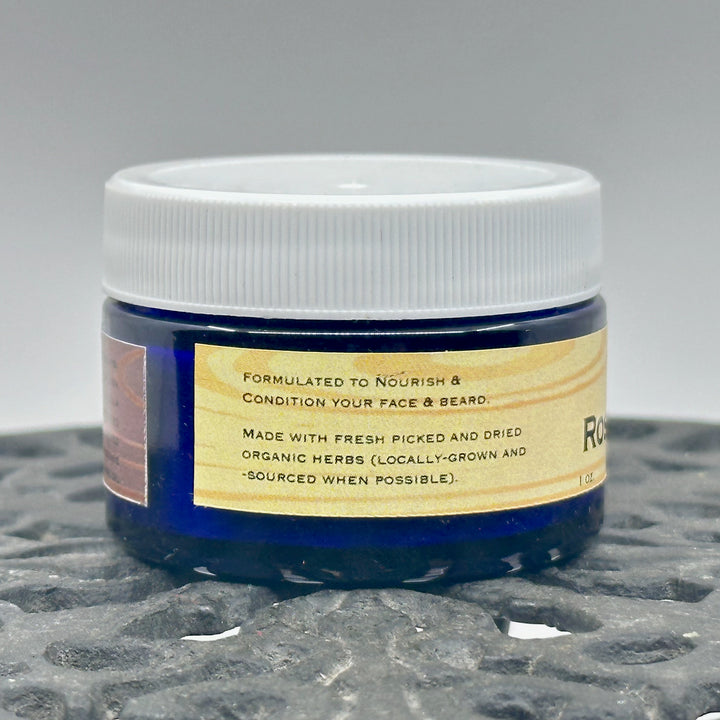 1 oz. jar of Rosehip Oil Beard Balm, handcrafted in Montana by Dr. Smith Botanicals, sandalwood & frankincense, description