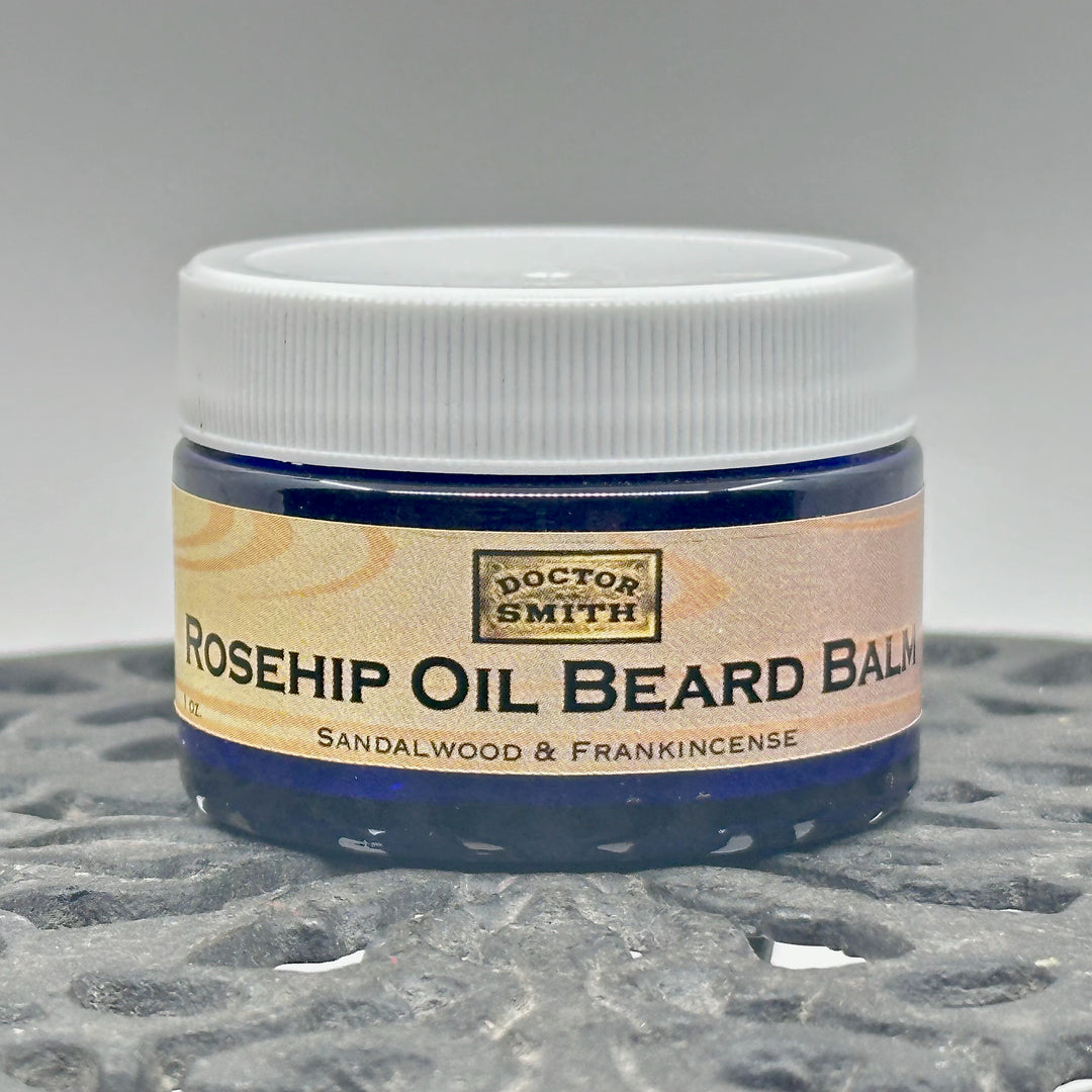 1 oz. jar of Rosehip Oil Beard Balm, handcrafted in Montana by Dr. Smith Botanicals, sandalwood & frankincense, front