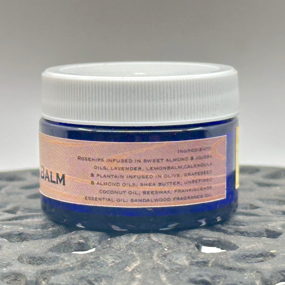 1 oz. jar of Rosehip Oil Beard Balm, handcrafted in Montana by Dr. Smith Botanicals, sandalwood & frankincense, ingredients