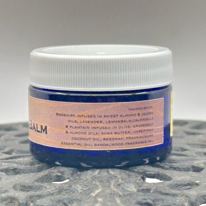 1 oz. jar of Rosehip Oil Beard Balm, handcrafted in Montana by Dr. Smith Botanicals, sandalwood & frankincense, ingredients