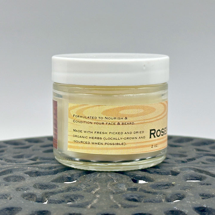 2 oz. jar of Rosehip Oil Beard Balm, handcrafted in Montana by Dr. Smith Botanicals, sandalwood & frankincense, description