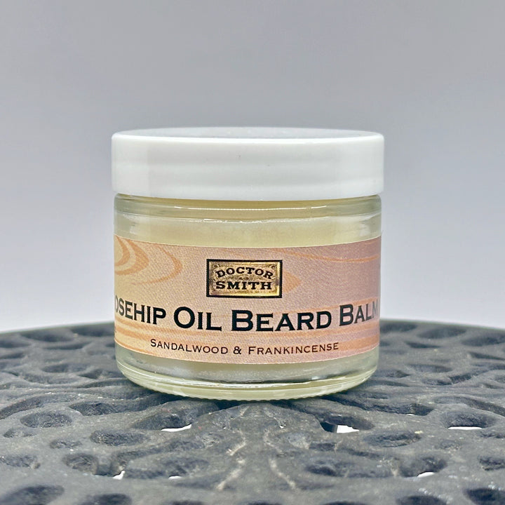2 oz. jar of Rosehip Oil Beard Balm, handcrafted in Montana by Dr. Smith Botanicals, sandalwood & frankincense