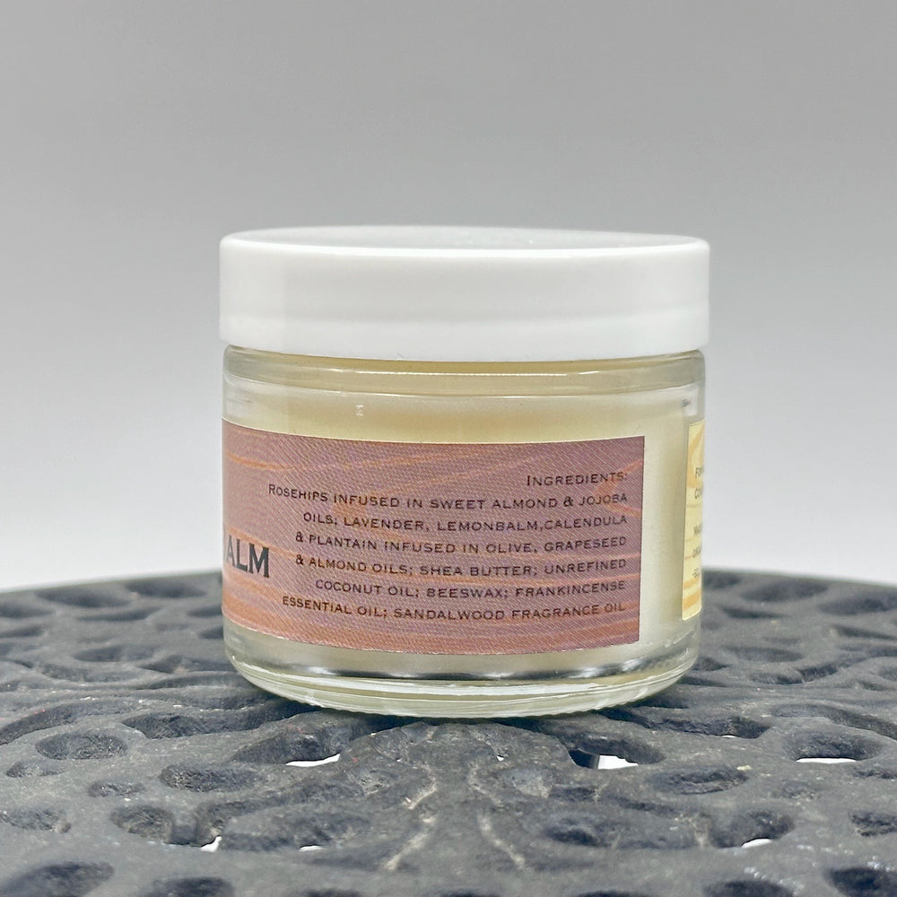 2 oz. jar of Rosehip Oil Beard Balm, handcrafted in Montana by Dr. Smith Botanicals, sandalwood & frankincense, ingredients