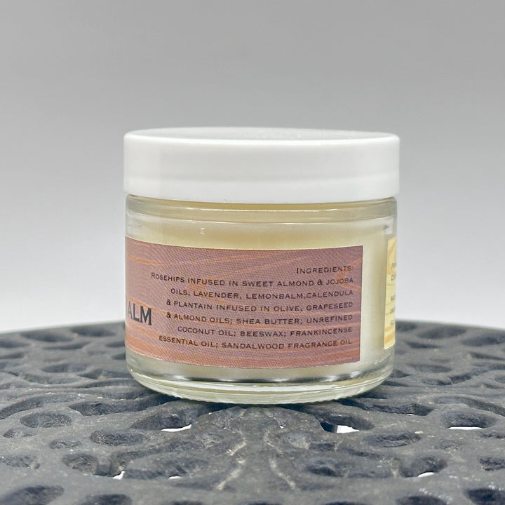 2 oz. jar of Rosehip Oil Beard Balm, handcrafted in Montana by Dr. Smith Botanicals, sandalwood & frankincense, ingredients