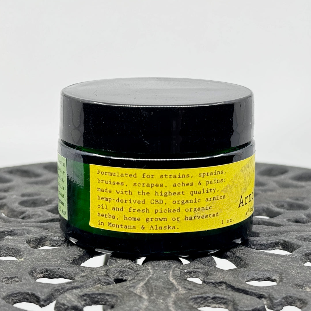 1 oz. jar of Dr. Smith Botanicals Arnica and Hemp Healing Balm (lemongrass), CBD and arnica healing balm handcrafted in small batches in Montana, USA