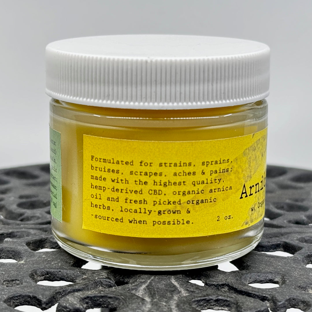 2 oz. jar of Dr. Smith Botanicals Arnica and Hemp Healing Balm (lemongrass), CBD and arnica healing balm handcrafted in small batches in Montana, USA