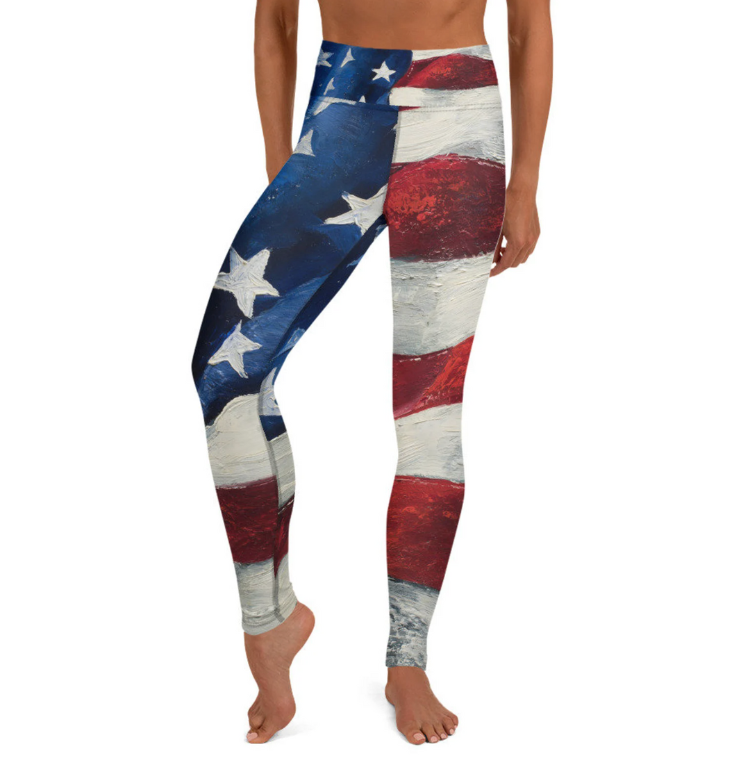 Fish Out of Water Apparel's "Our Flag" red, white, and blue Regular Leggings, featuring a vibrant stars-and-stripes design by Montana artist Jodi Monahan