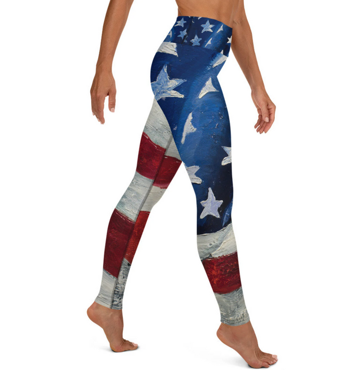 Fish Out of Water Apparel's "Our Flag" red, white, and blue Regular Leggings, featuring a vibrant stars-and-stripes design by Montana artist Jodi Monahan