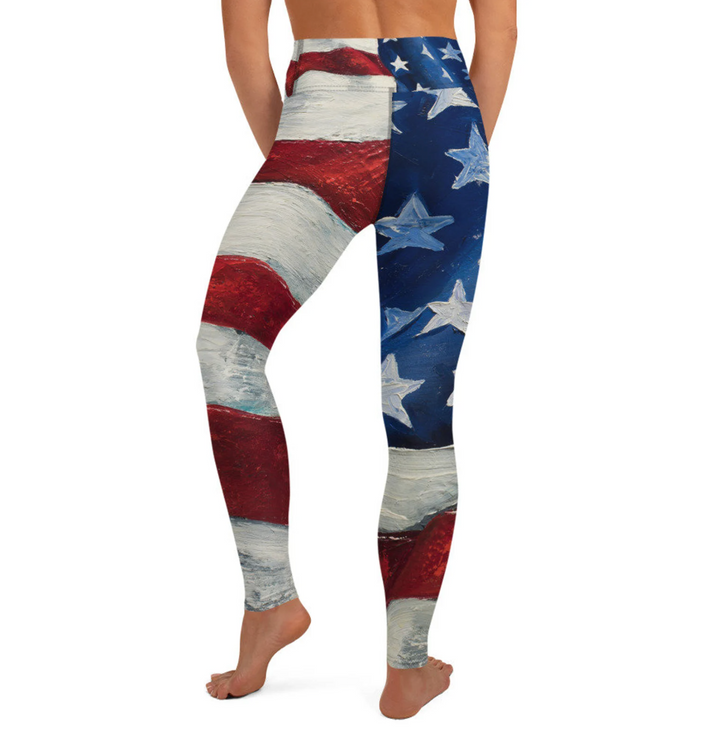 Fish Out of Water Apparel's "Our Flag" red, white, and blue Regular Leggings, featuring a vibrant stars-and-stripes design by Montana artist Jodi Monahan