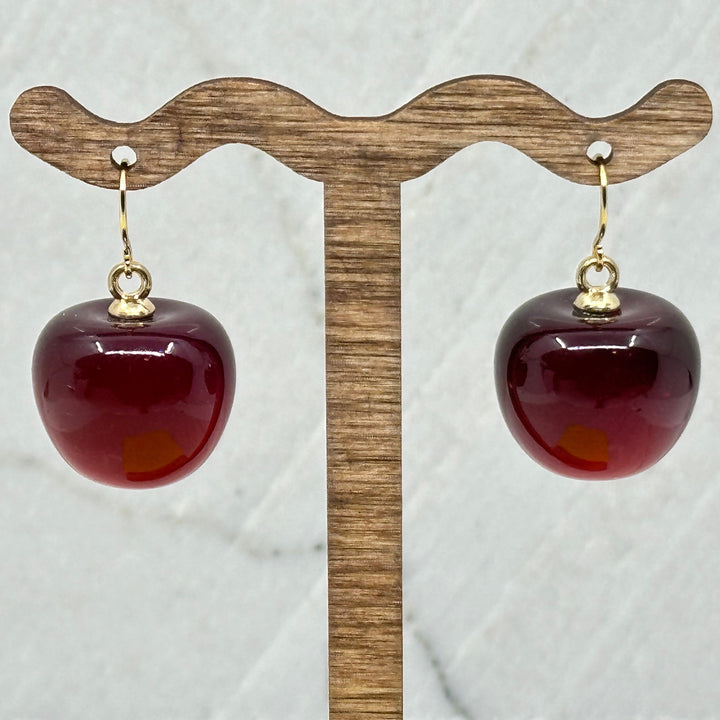 Pair of Flathead Cherry Earrings with 14K Gold Plated Wires made in Montana by Woodland Goth Creations