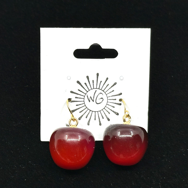Pair of Flathead Cherry Earrings with 14K Gold Plated Wires made in Montana by Woodland Goth Creations, on card