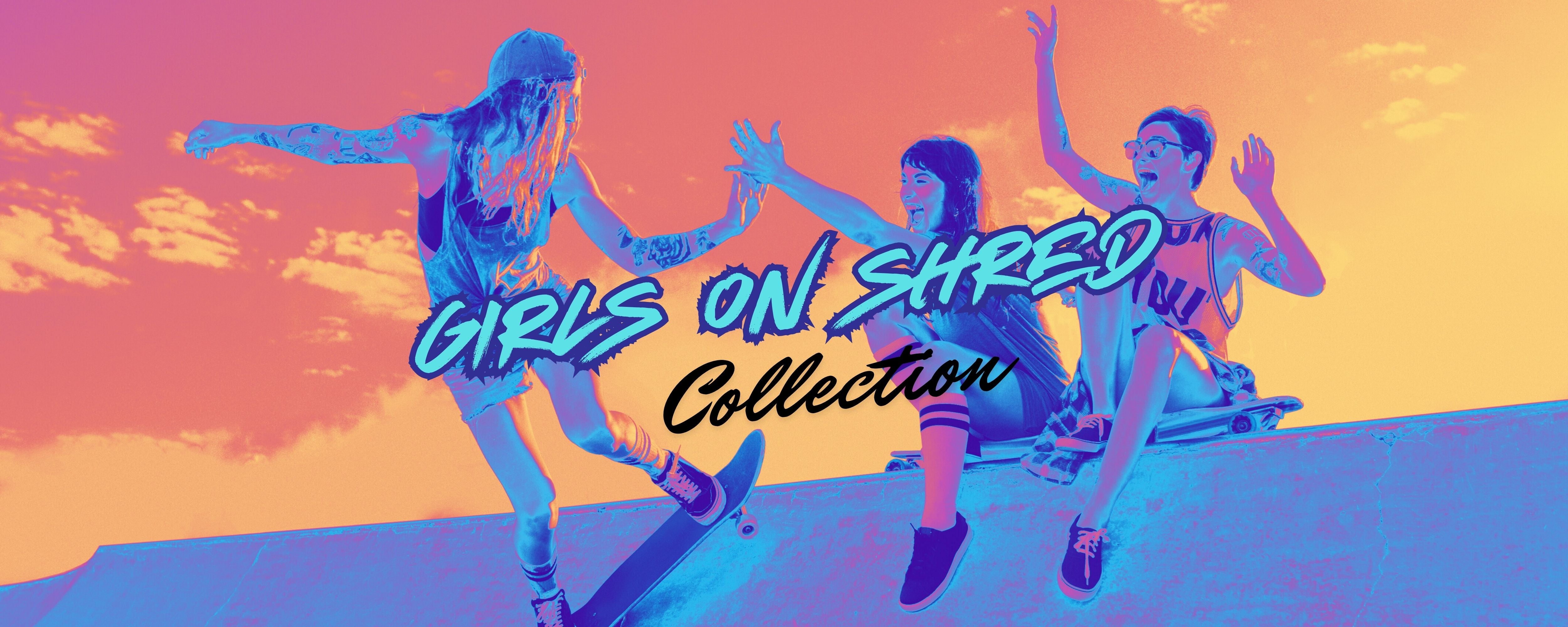 Girls on Shred Collection--a merchandise-based fundraising collection that benefits  the nonprofit Girls on Shred available at The Last Best Store, graphic depicts female skateboarders on the top of a skate ramp