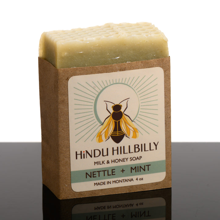 4 oz. bar of Nettle & Mint scented Milk & Honey Soap, handmade in Montana, USA by Hindu Hillbilly