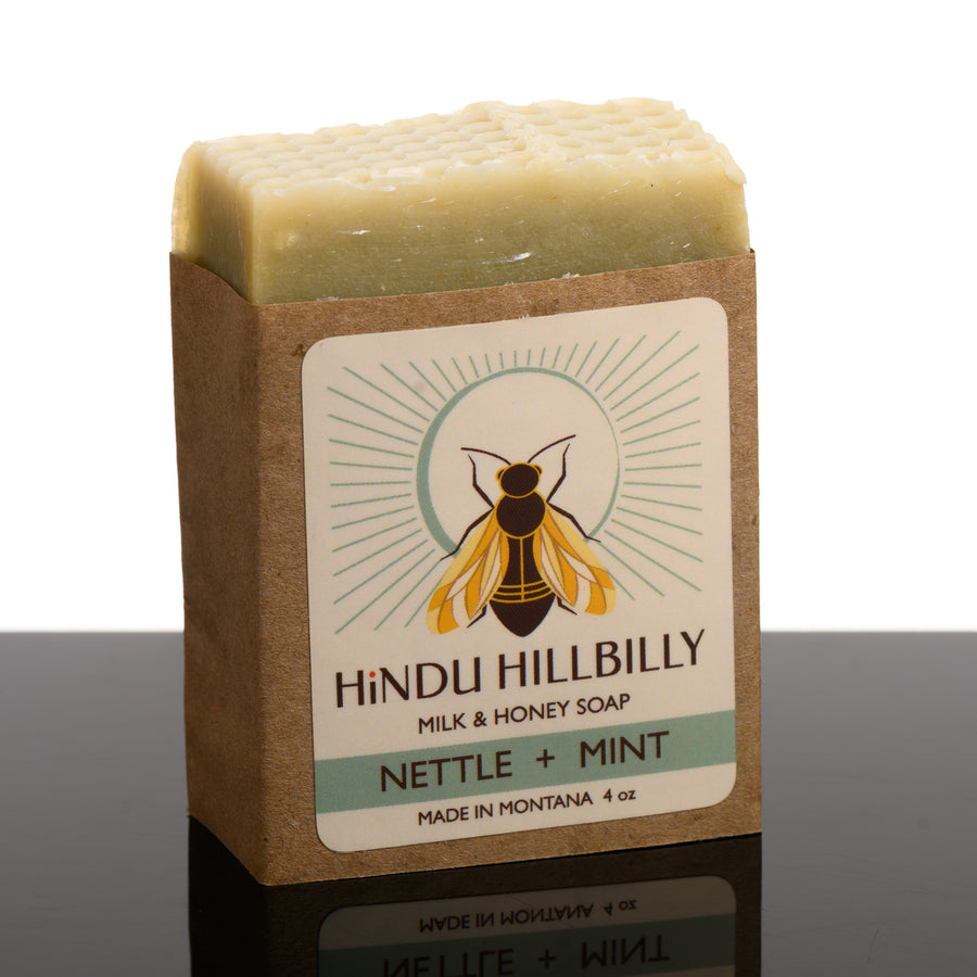 4 oz. bar of Nettle & Mint scented Milk & Honey Soap, handmade in Montana, USA by Hindu Hillbilly