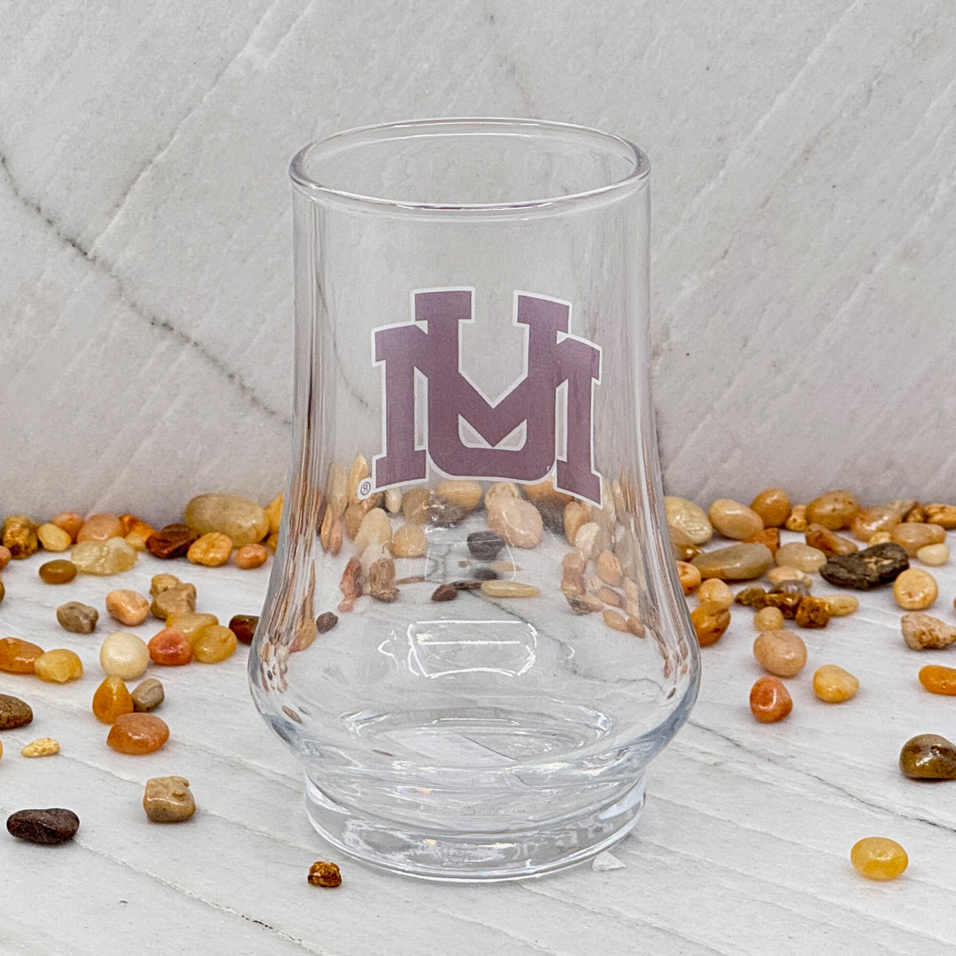 Blue Peak Creative's Montana Grizzlies Glen Cairn Whiskey Glass - Glen Cairn Whiskey Glasses decorated with University of Montana logo (back)