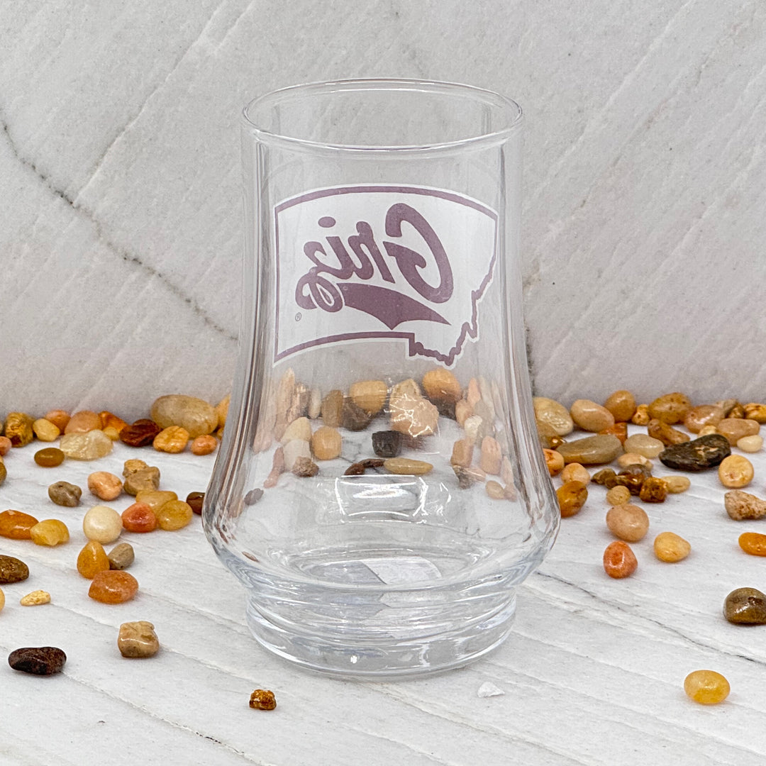 Blue Peak Creative's Montana Grizzlies Glen Cairn Whiskey Glass - Glen Cairn Whiskey Glasses decorated with University of Montana Griz Script over Montana, back