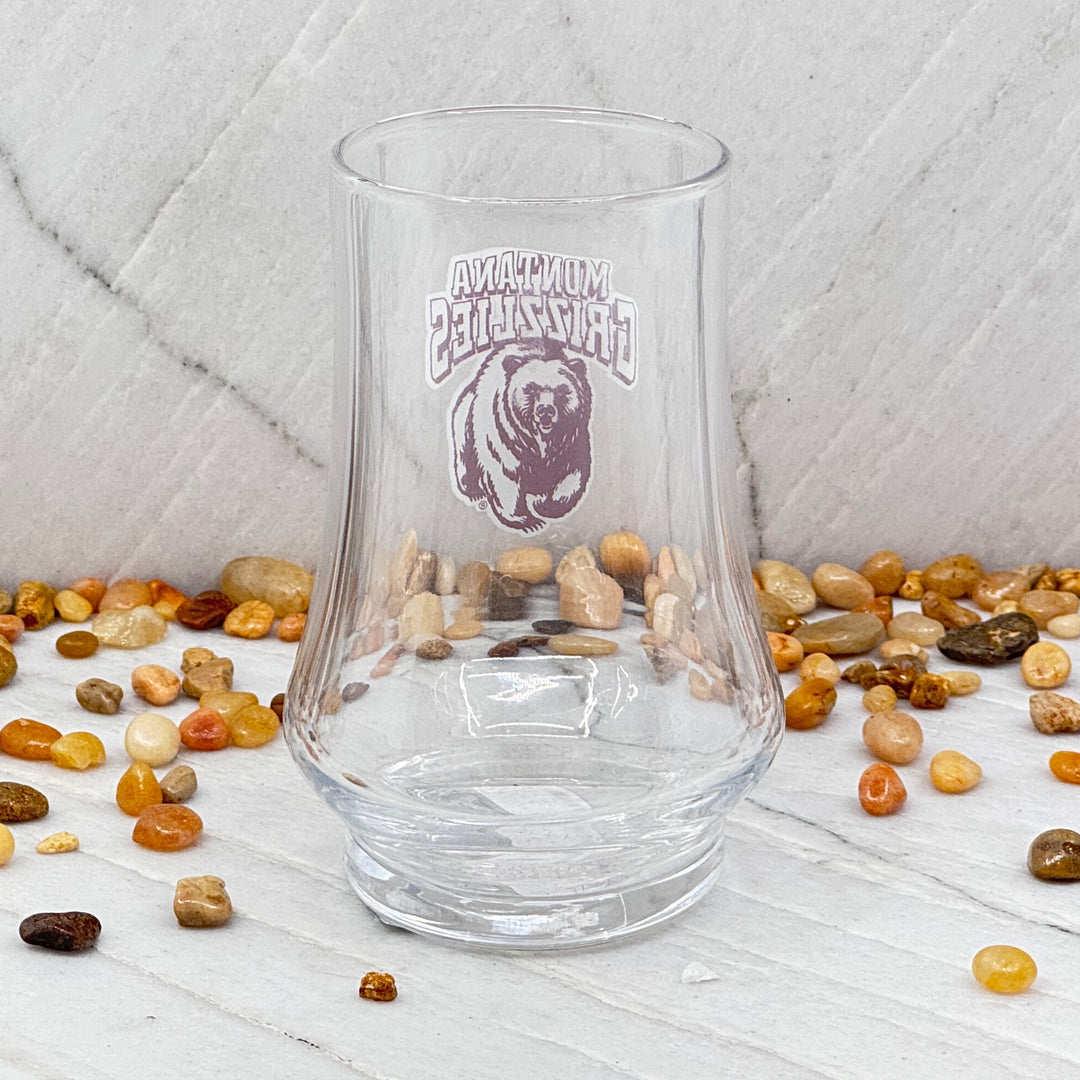 Blue Peak Creative's Montana Grizzlies Glen Cairn Whiskey Glass - Glen Cairn Whiskey Glasses decorated with Montana Grizzlies Charging Bear, back