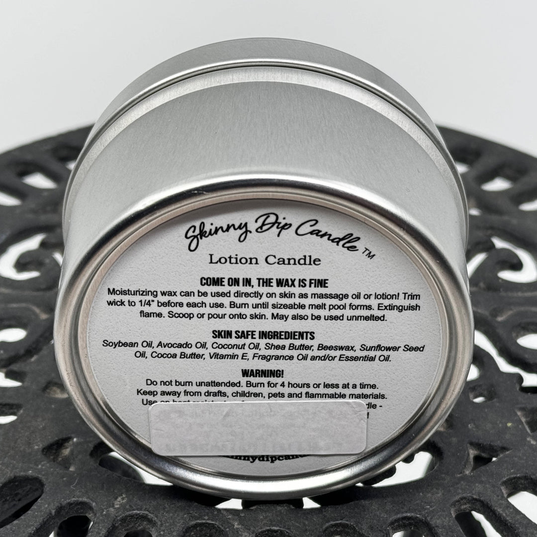 4 oz. tin of Skinny Dip Candle's Irresistible Lotion Candle, ingredients