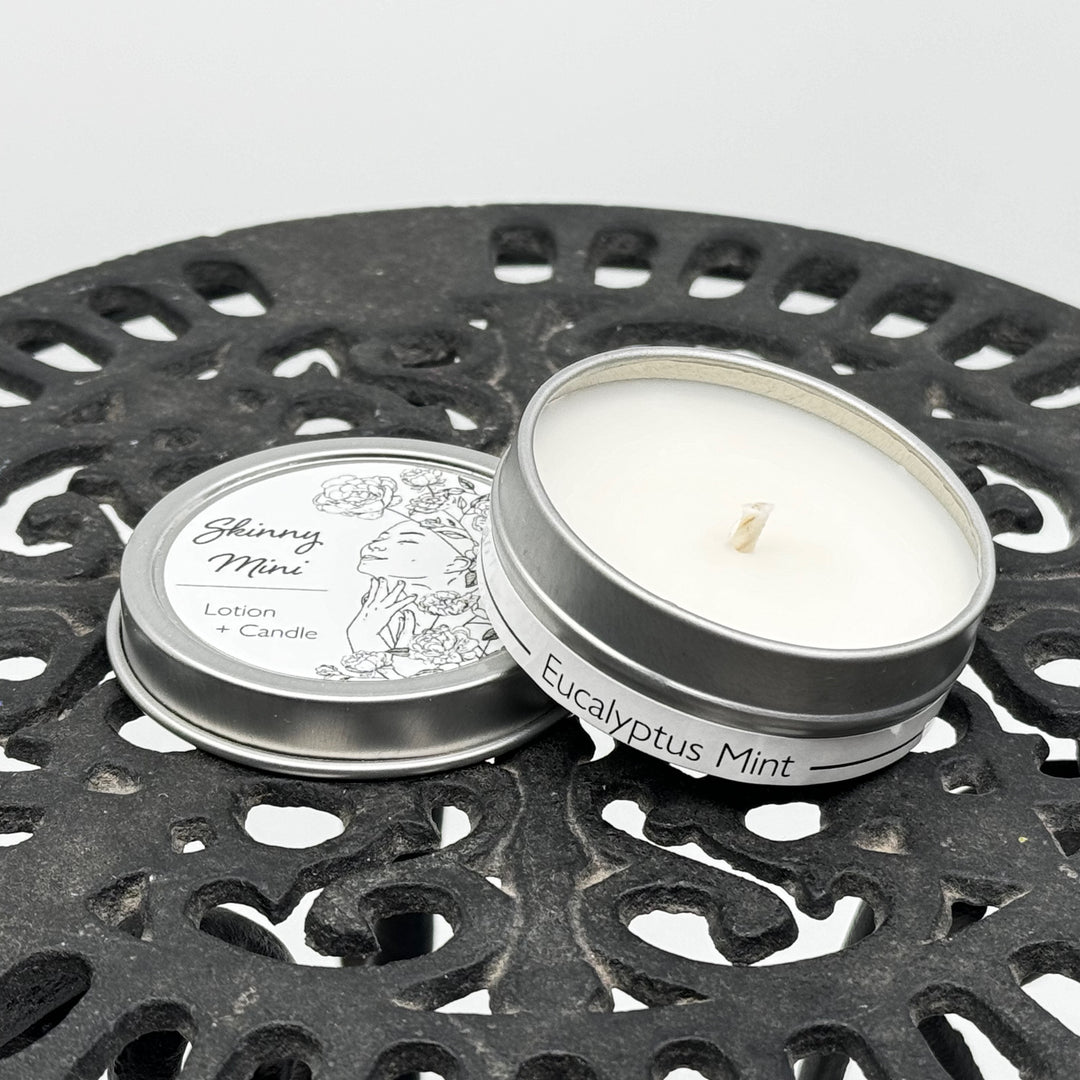 1 oz. tin of Skinny Dip Candle's Eucalyptus Mint Lotion Candle, front
