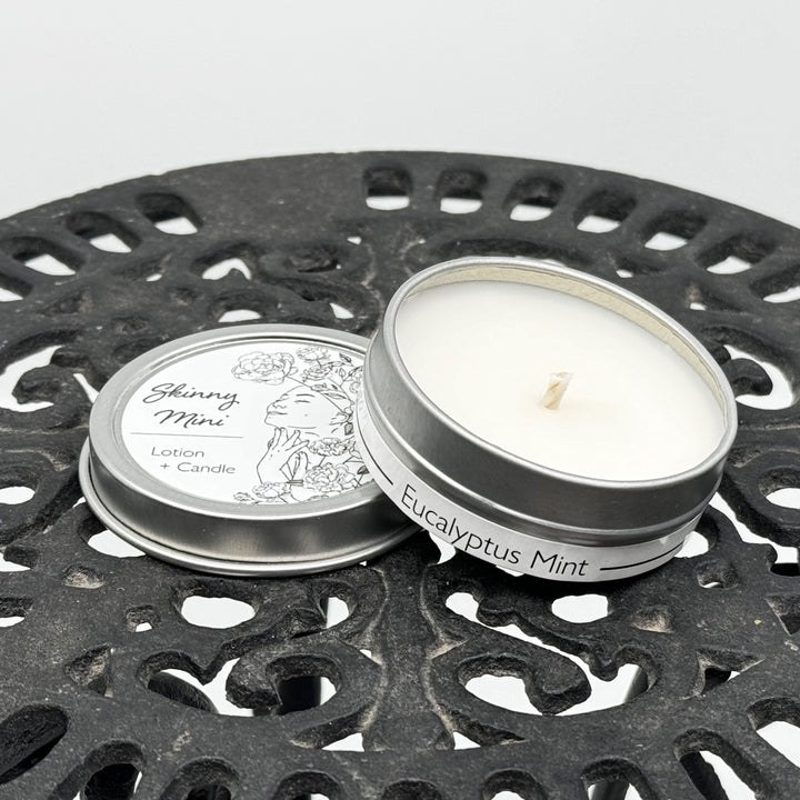 1 oz. tin of Skinny Dip Candle's Eucalyptus Mint Lotion Candle, front