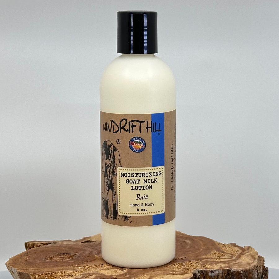 8 oz. bottle of Windrift Hill Rain scented Goat Milk Lotion, front