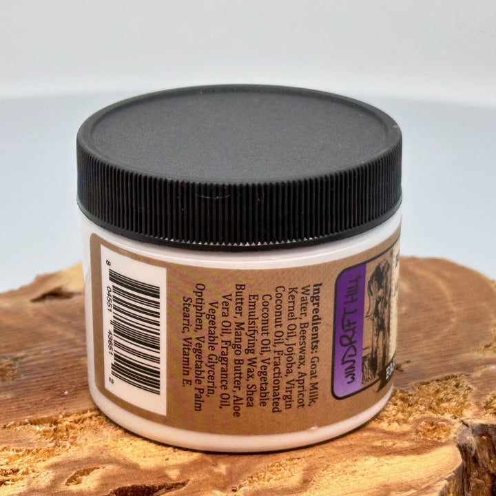2 oz. jar of Windrift Hill's Montana Huckleberry Goat Milk Body Butter, ingredients