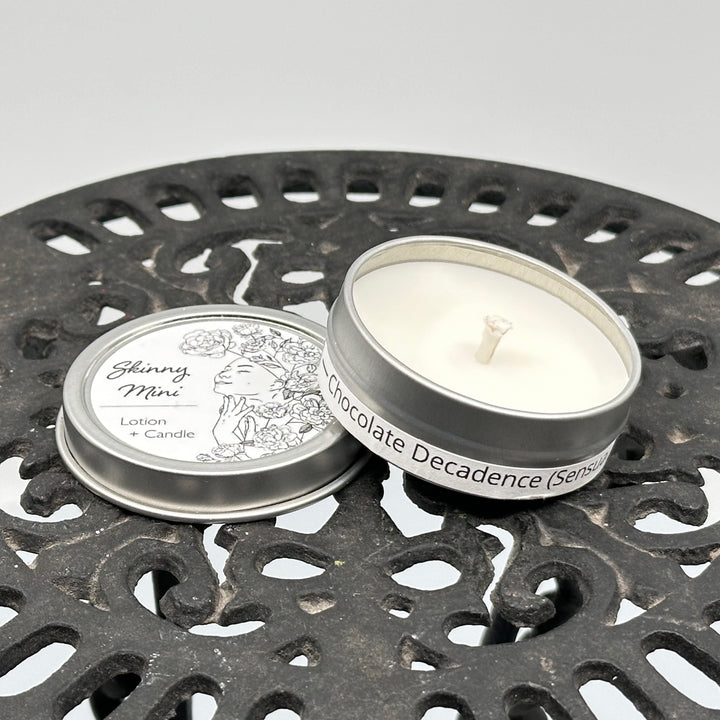 1 oz. tin of Skinny Dip Candle's Chocolate Decadence Lotion + Candle, front