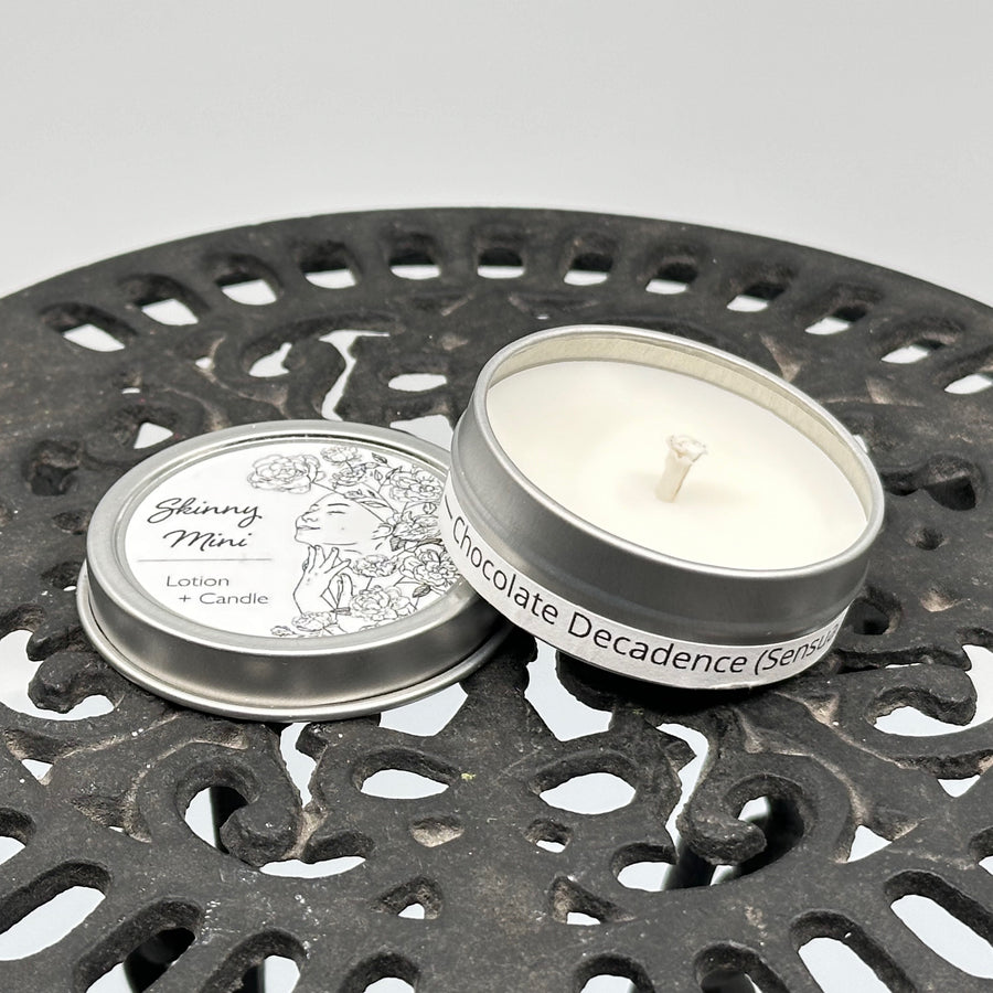 1 oz. tin of Skinny Dip Candle's Chocolate Decadence Lotion + Candle, front