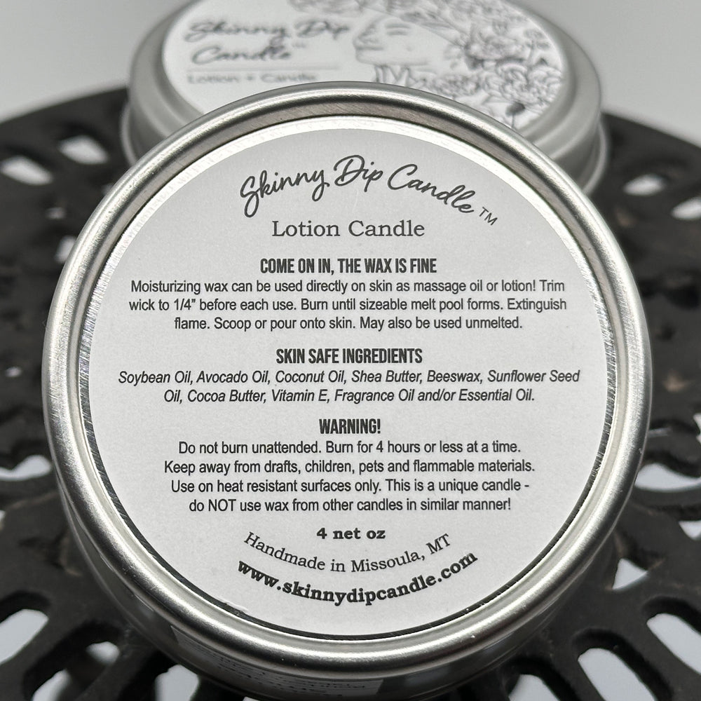 4 oz. tin of Skinny Dip Candle's Lush Pomegranate & Fig Lotion + Candle, description & ingredients