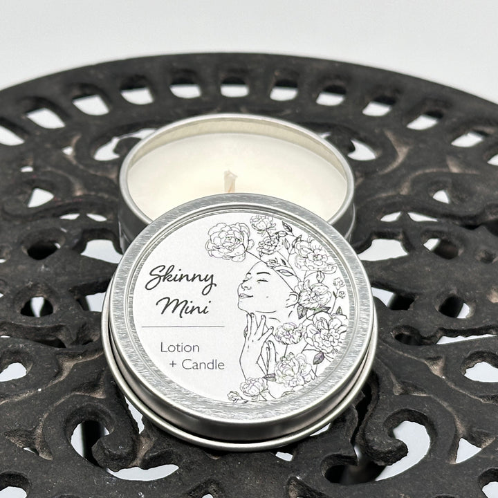1 oz. tin of Skinny Dip Candle's Frosting on the Cake Lotion + Candle, lid & inside