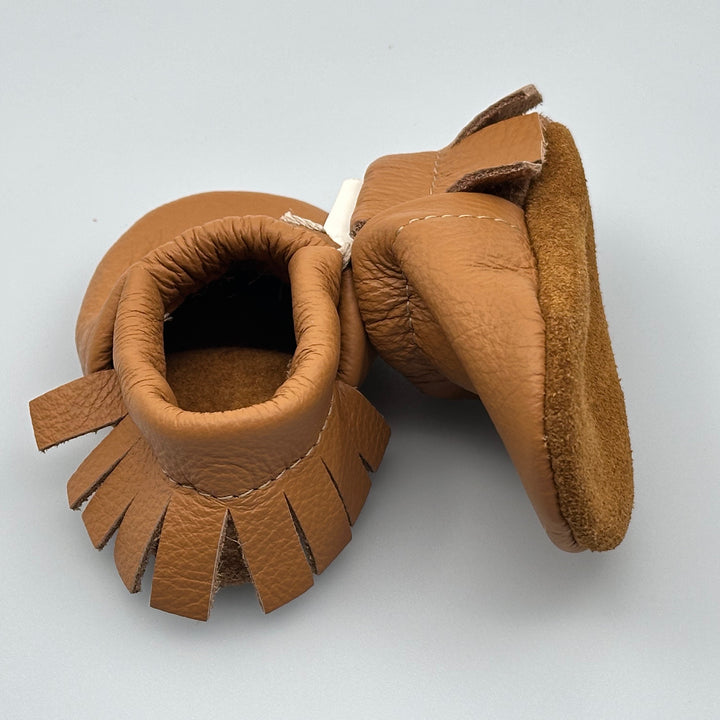 Pair of Starry Knight Design leather moccasins / baby booties, camel tan with fringe, heel