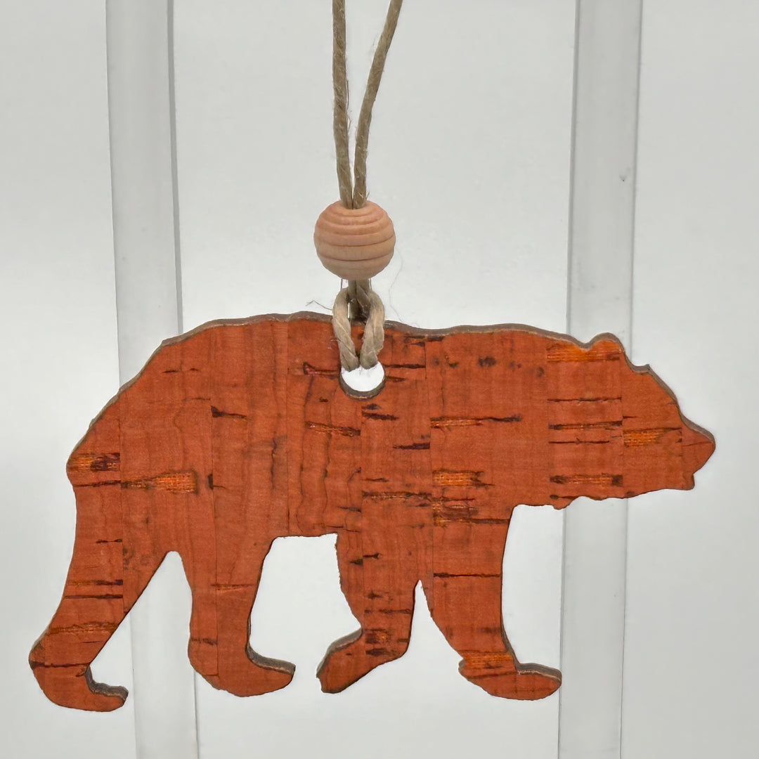 Last Best Supply Co Cork and Wood Bear Ornament, orange