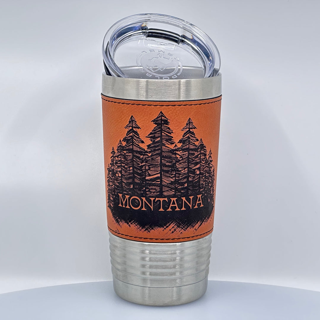 Blue Peaks Creative Montana Pine Forest Etched Leatherette Stainless Steel Pint