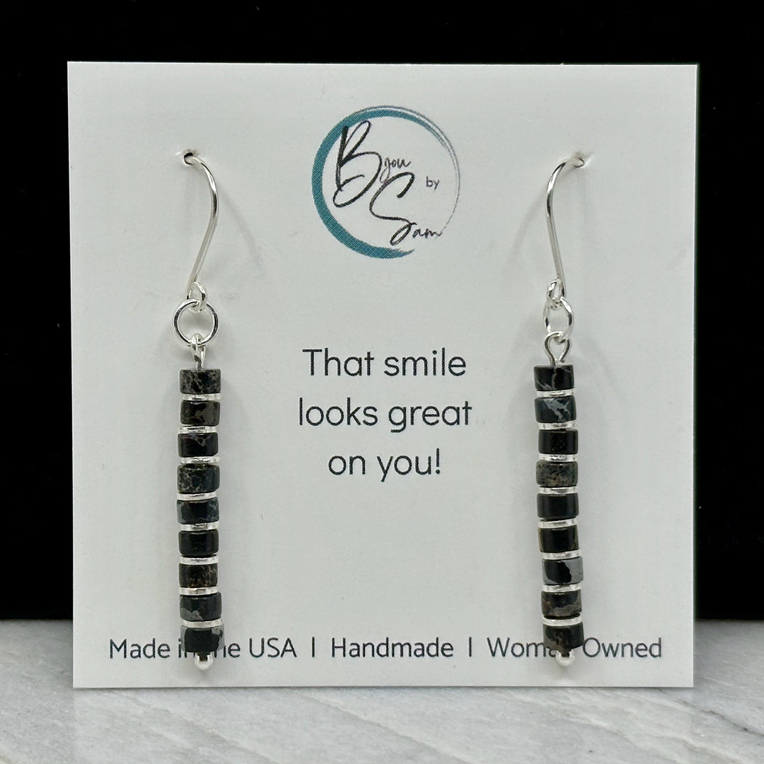 Pair of Bijou by Sam's Black and Gray Jasper Dangle Boho Earrings, on card