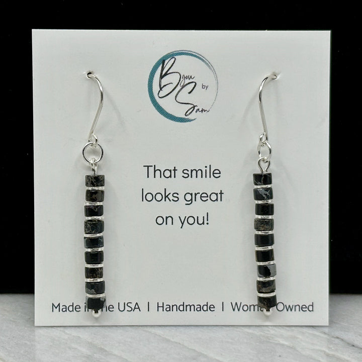 Pair of Bijou by Sam's Black and Gray Jasper Dangle Boho Earrings, on card