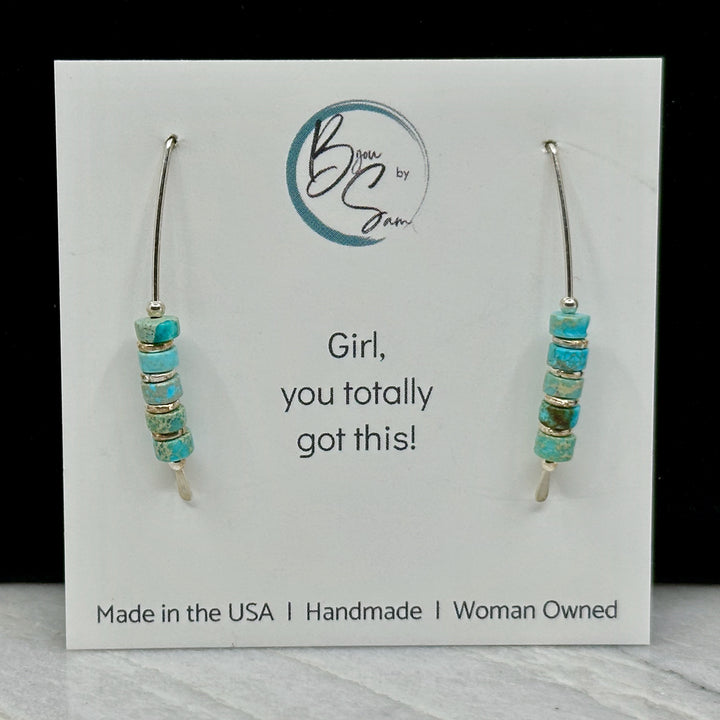 Pair of Bijou by Sam Modern Turquoise and Sterling Silver Threader Earrings, on card