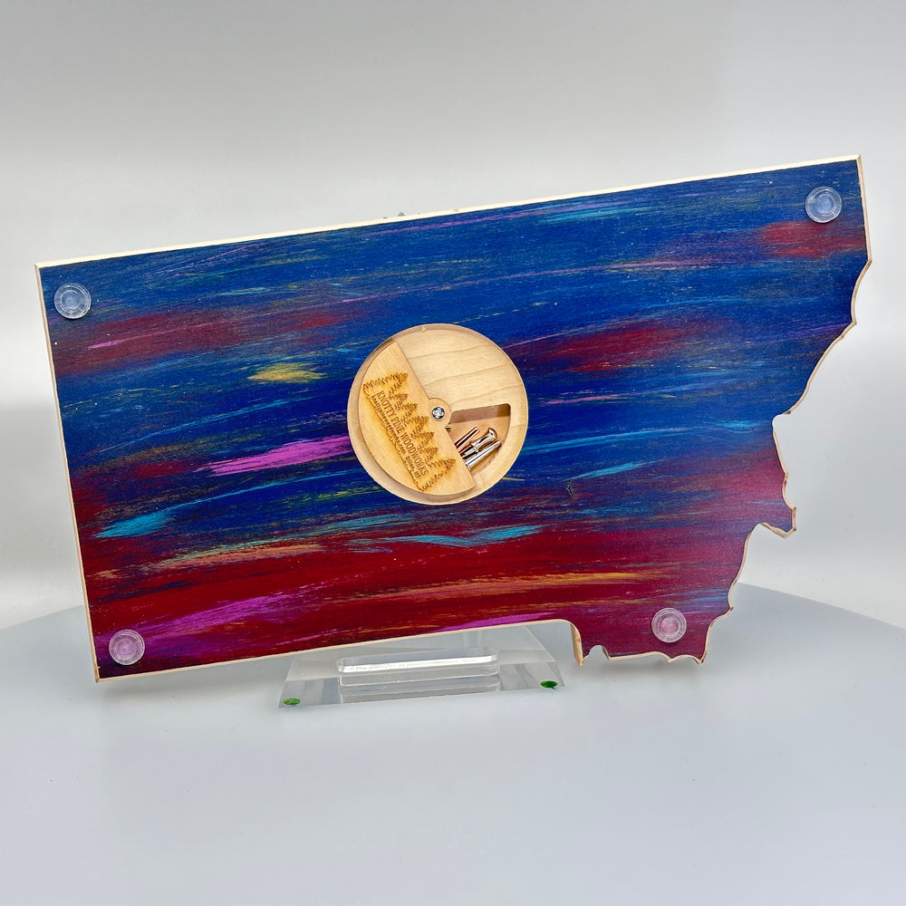 Knotty Pine Woodworks 406 Wildflower  Cribbage Board (sunset tones with natural wood accents, back)—this handmade wooden cribbage board is the perfect Montana-made gift for game lovers and adventurers