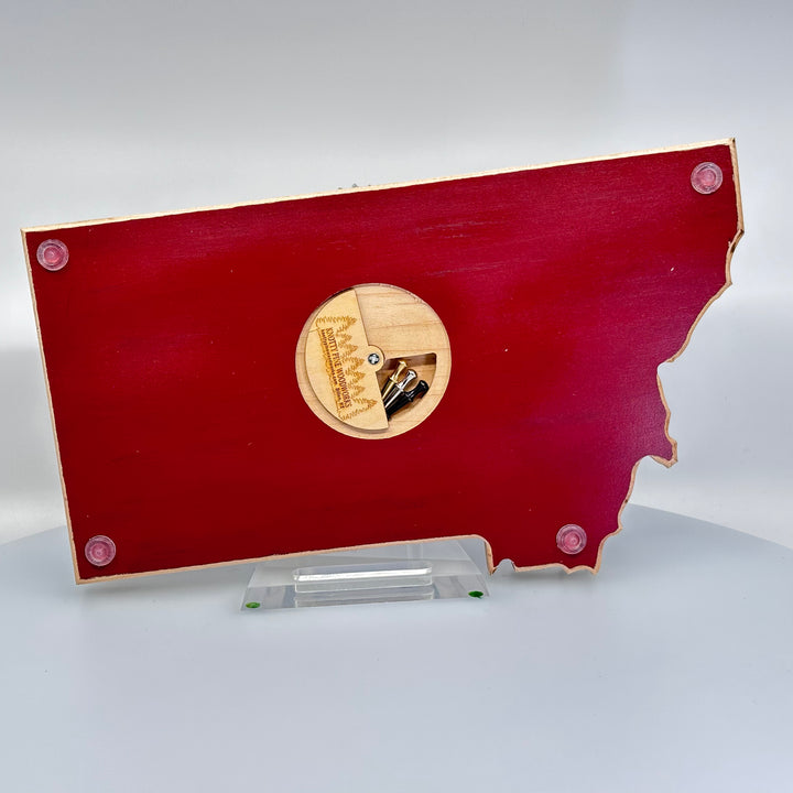 Knotty Pine Woodworks Montana Bear Cribbage Board (maroon with natural wood accents, back)—this handmade wooden cribbage board is the perfect Montana-made gift for game lovers and adventurers