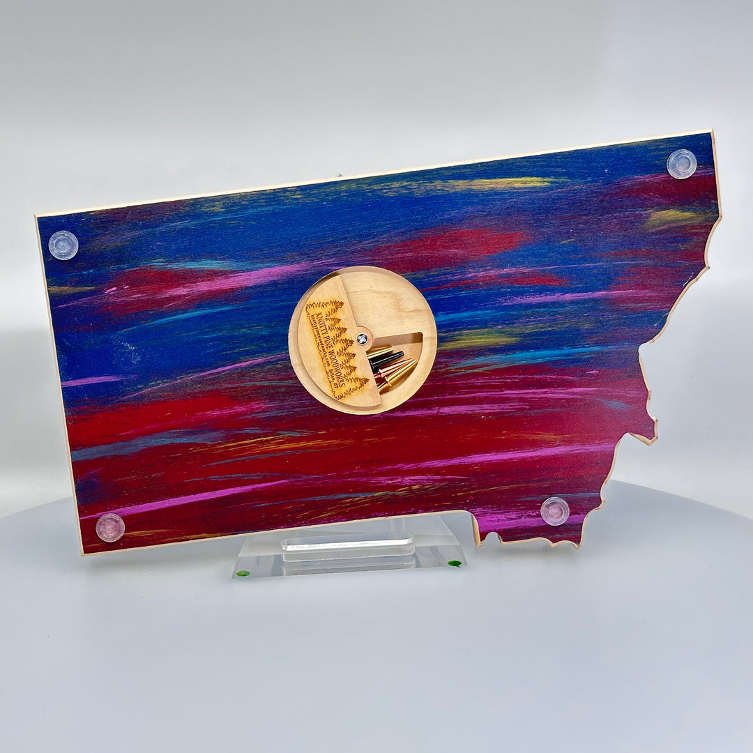 Knotty Pine Woodworks Montana Bear Cribbage Board (sunset tones with natural wood accents, back)—this handmade wooden cribbage board is the perfect Montana-made gift for game lovers and adventurers