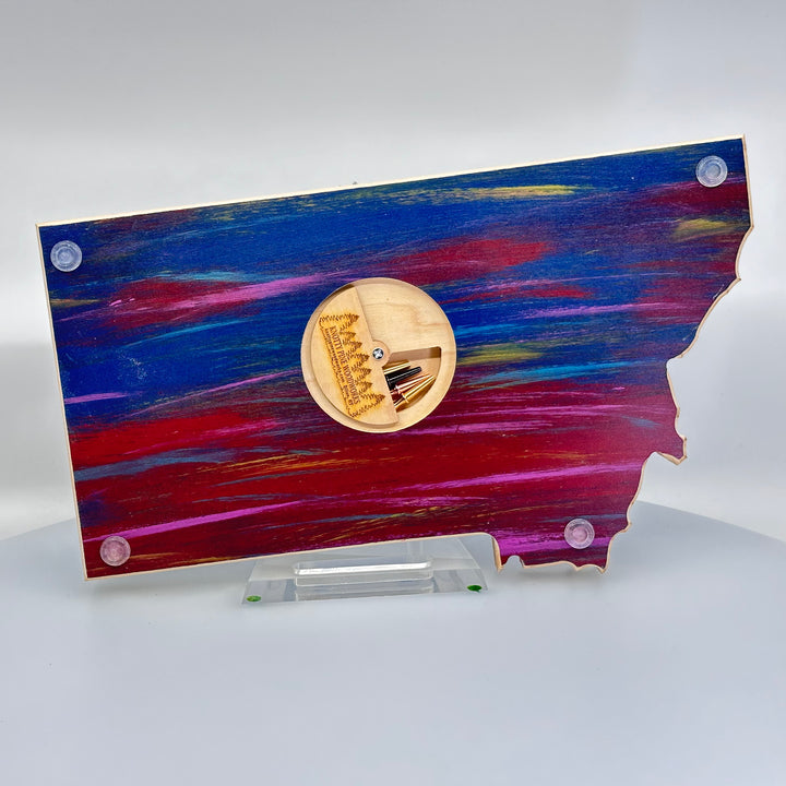 Knotty Pine Woodworks Montana Bear Cribbage Board (sunset tones with natural wood accents, back)—this handmade wooden cribbage board is the perfect Montana-made gift for game lovers and adventurers