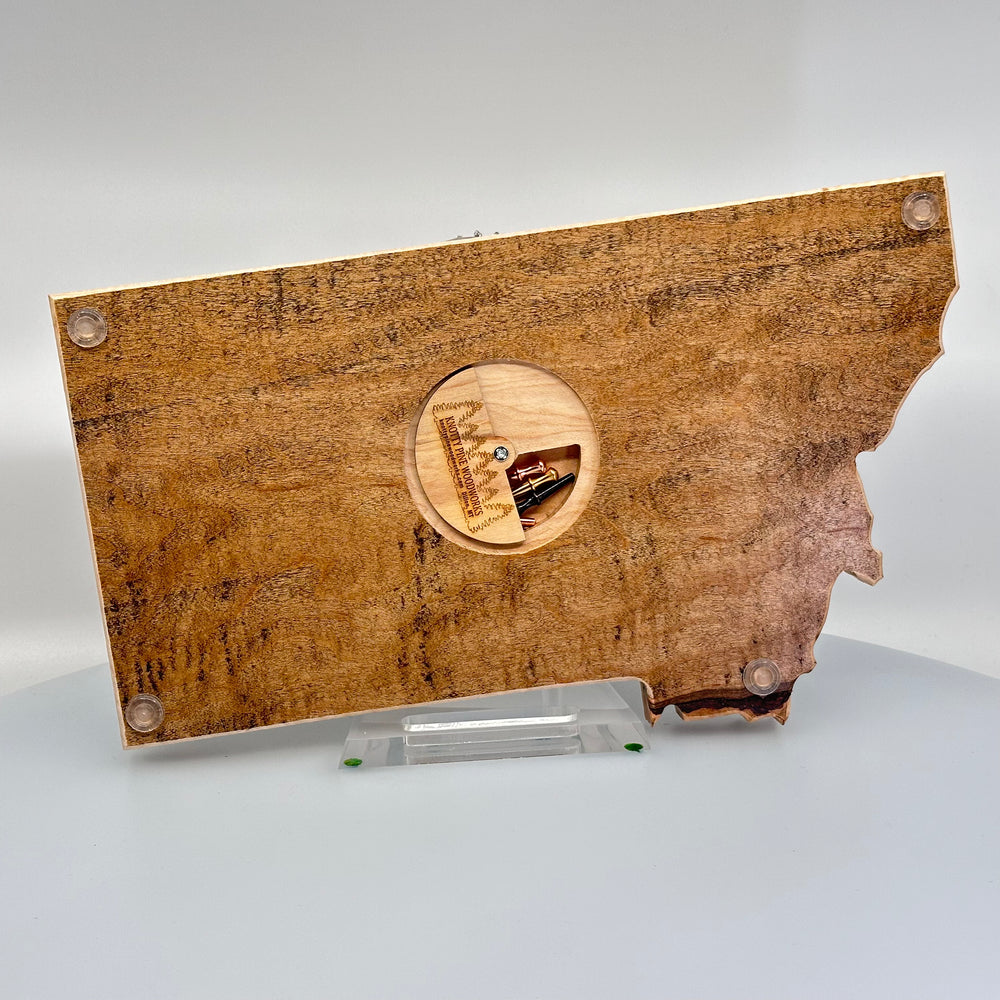 Knotty Pine Woodworks Handmade Montana Bison Cribbage Board (light expresso with natural wood accents, back)—this handmade wooden cribbage board is the perfect Montana-made gift for game lovers and adventurers. The back has a hidden slot where the pegs live.