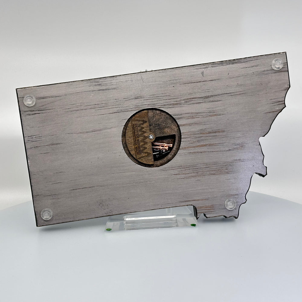 Knotty Pine Woodworks Handmade Montana Deer Skull Cribbage Board Greye (back)—this handmade wooden cribbage board is the perfect Montana-made gift for game lovers and adventurers. The back features a compartment for storing metal pegs.