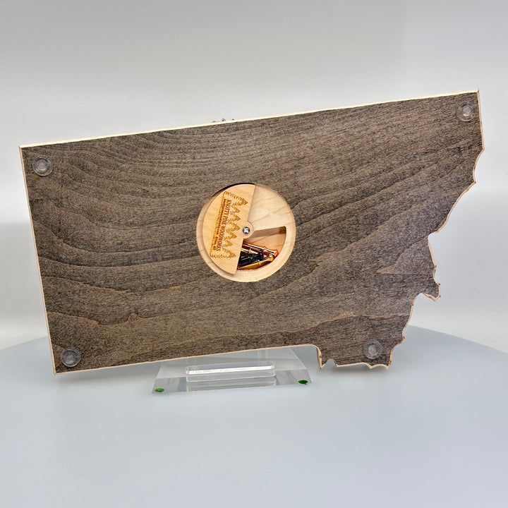 Knotty Pine Woodworks Handmade Montana Moose Cribbage Board Ebony (back)—this handmade wooden cribbage board is the perfect Montana-made gift for game lovers and adventurers. The back features a compartment for storing metal pegs.