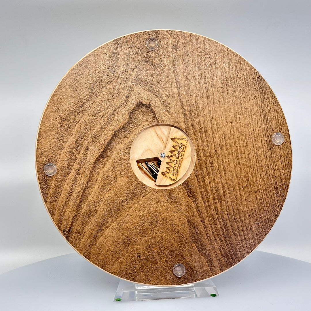 Knotty Pine Woodworks Handmade Mountain Elk Circle Cribbage Board Light Espresso (back)—this handmade wooden cribbage board is the perfect Montana-made gift for game lovers and fishers. The back features a compartment for storing metal pegs.