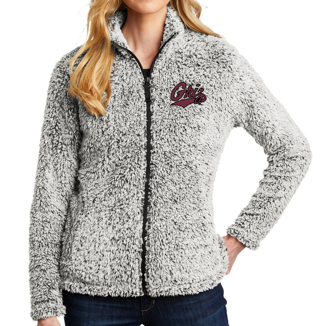 Blue Peaks Creative's grey Ladies' Fuzzy Fleece Jacket embroidered with the Griz Script in maroon
