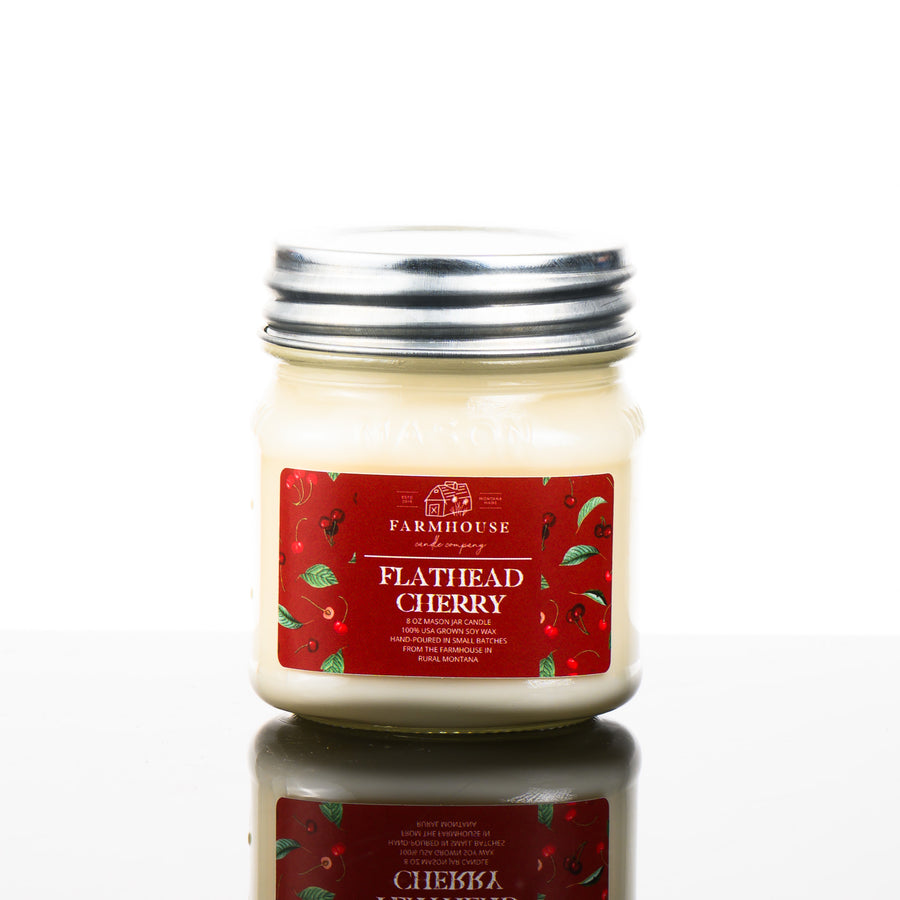 Farmhouse Candle Co's 8 oz Flathead Cherry Mason Jar Candle